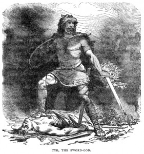 Norse mythology - Týr the Sword god, also of Law, Althing, Justice, the sky and heroic glory from a vintage 1882 engraving